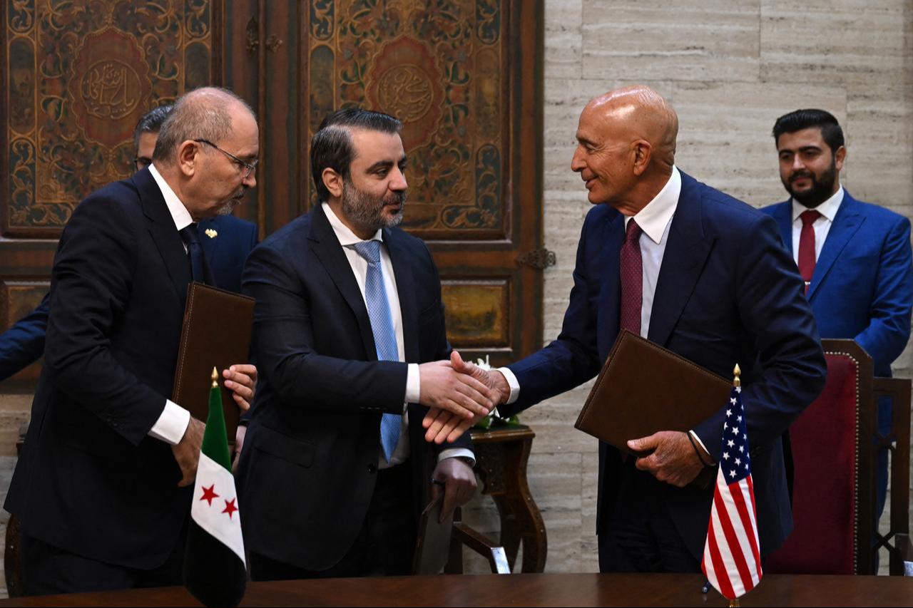 Jordan's Foreign Minister Ayman Safadi (L) watches as Syrian Foreign Minister Asaad al-Shaibani (C) greets US special envoy for Syria Tom Barrack in Damascus, Sept. 16, 2025. (AFP Photo)