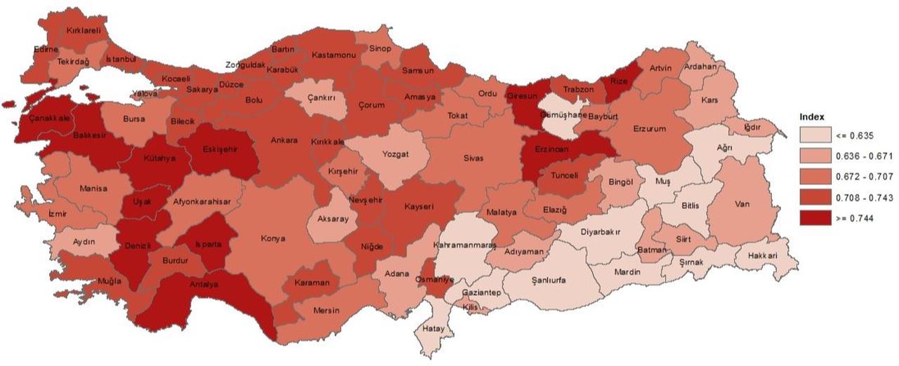 Human capital index by province, 2023 (via TURKSTAT)