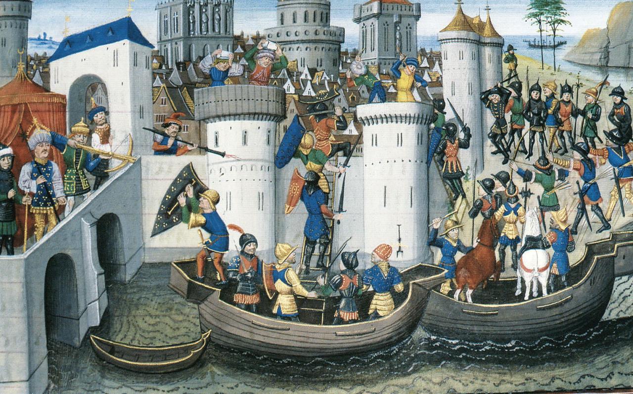 The fall of Constantinople to the Crusaders in 1204, illustrated in a 15th-century miniature by David Aubert. (Photo via Wikimedia)