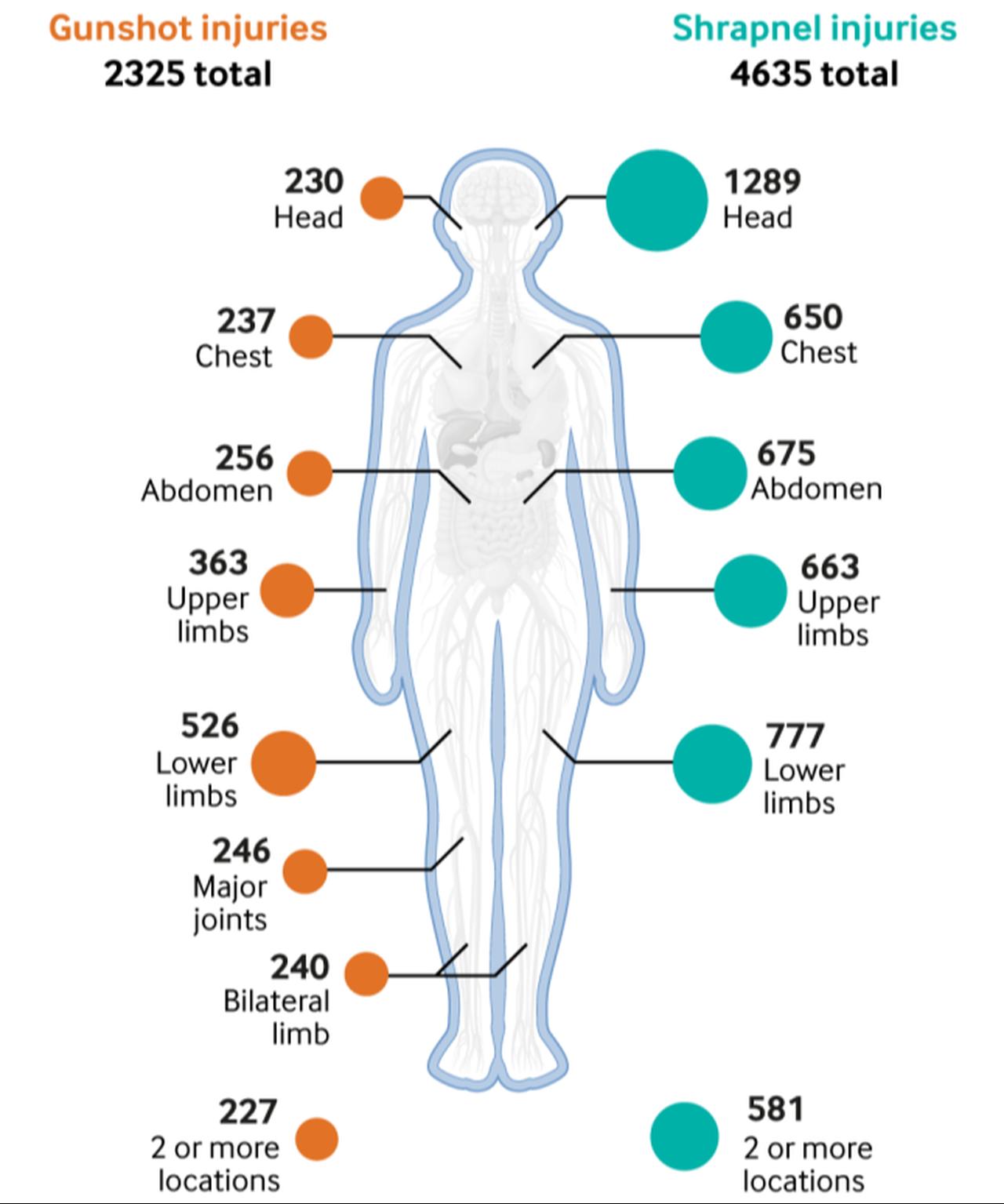 Mechanisms of trauma by anatomical region; Total injury counts and distribution between firearm and explosive injuries are presented. The
injury counts are also represented by circle sizes, using area based calculations. (Source: BMJ)