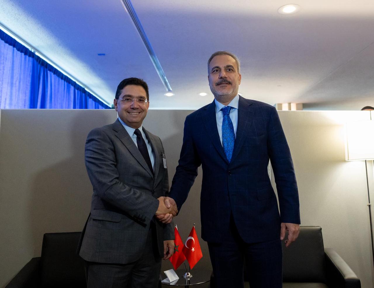 Foreign Minister Hakan Fidan (R) meets with Moroccan Foreign Minister Nasser Bourita (L) as part of the 80th United Nations General Assembly (UNGA) in New York, United States, on Sep. 24, 2025. (AA Photo)