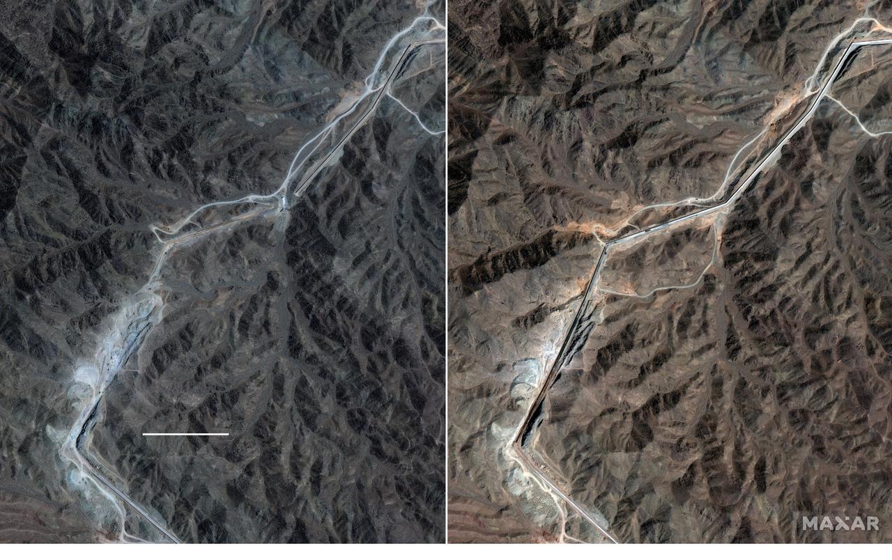 Satellite images show the walls destroyed in the attacks being rebuilt. First image June 30, second image Sept. 18. (Source: Maxar via WP)