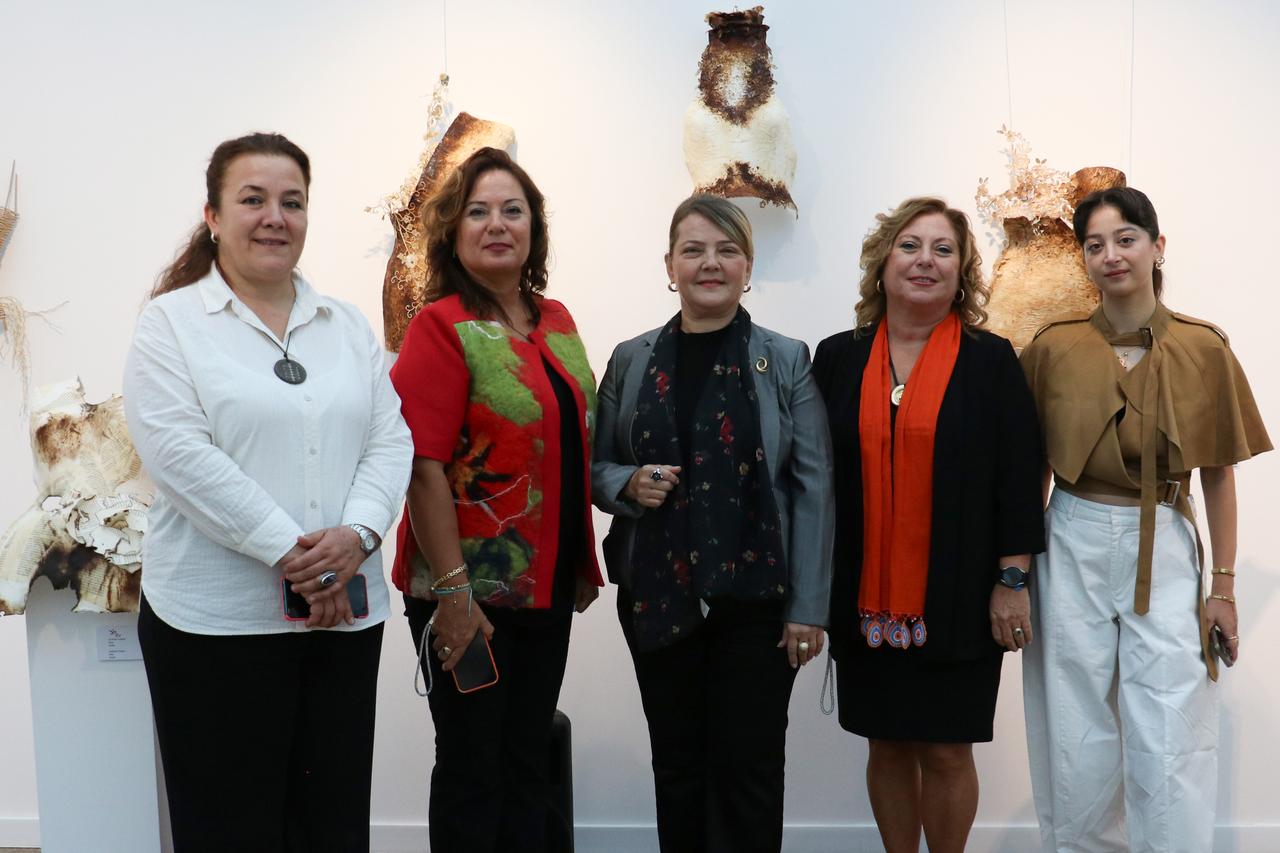 Turkish artists Professor Fethiye Erbay, Sukran Tumer, Neslihan Cakir, Benay Durmus, and Mutlu Erbay at the opening of the exhibition “Mythological Transformations” in Sofia, Bulgari, Sept. 25, 2025. (AA Photo)