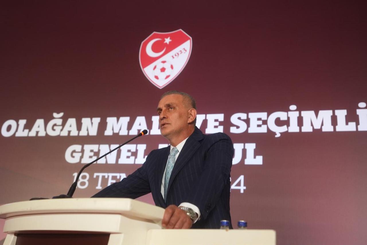 Ibrahim Haciosmanoglu, who won the presidency at the Ordinary Financial and Electoral General Assembly of the Turkish Football Federation (TFF) gave speech,  Ankara, Türkiye June 18, 2024 (AA Photo)