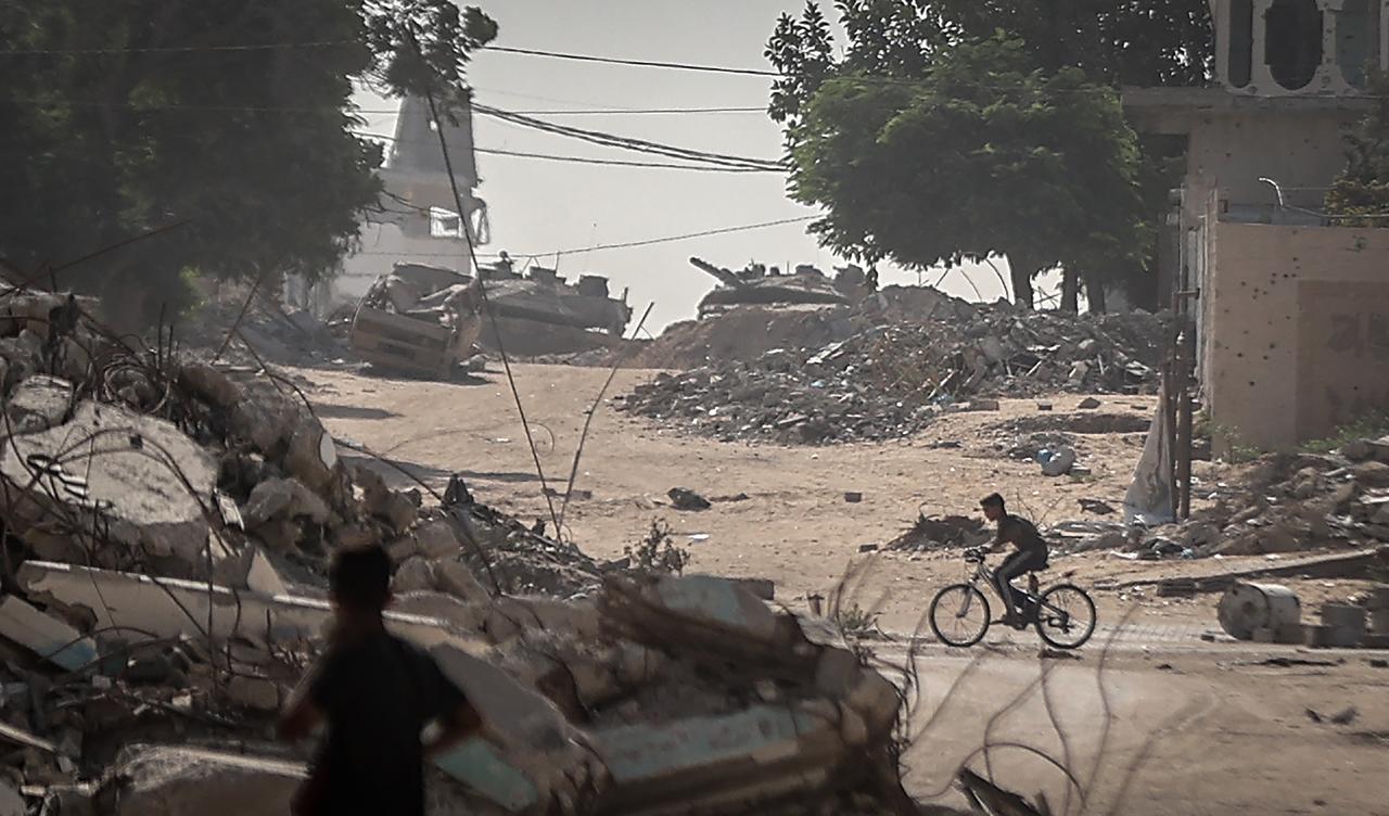 Tanks belonging to the Israeli army are deployed in the Tel al-Hawa area, located in the south of Gaza City, Gaza on Sept. 25, 2025. (AA Photo)