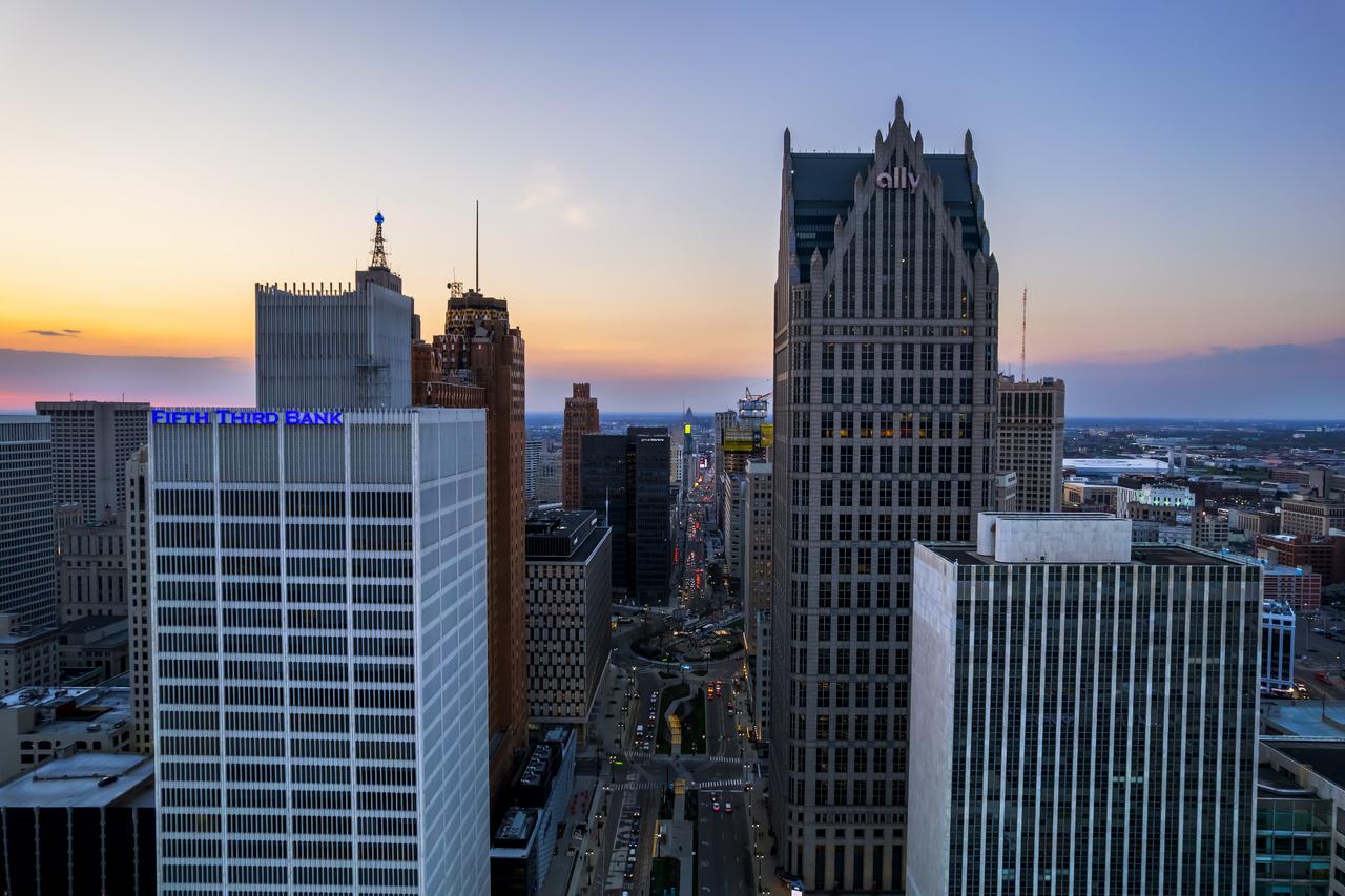 Aerial view of Fifth Third Bank and Ally Bank, financial companies in downtown Detroit, U.S., April 15, 2023. (Adobe Stock Photo)