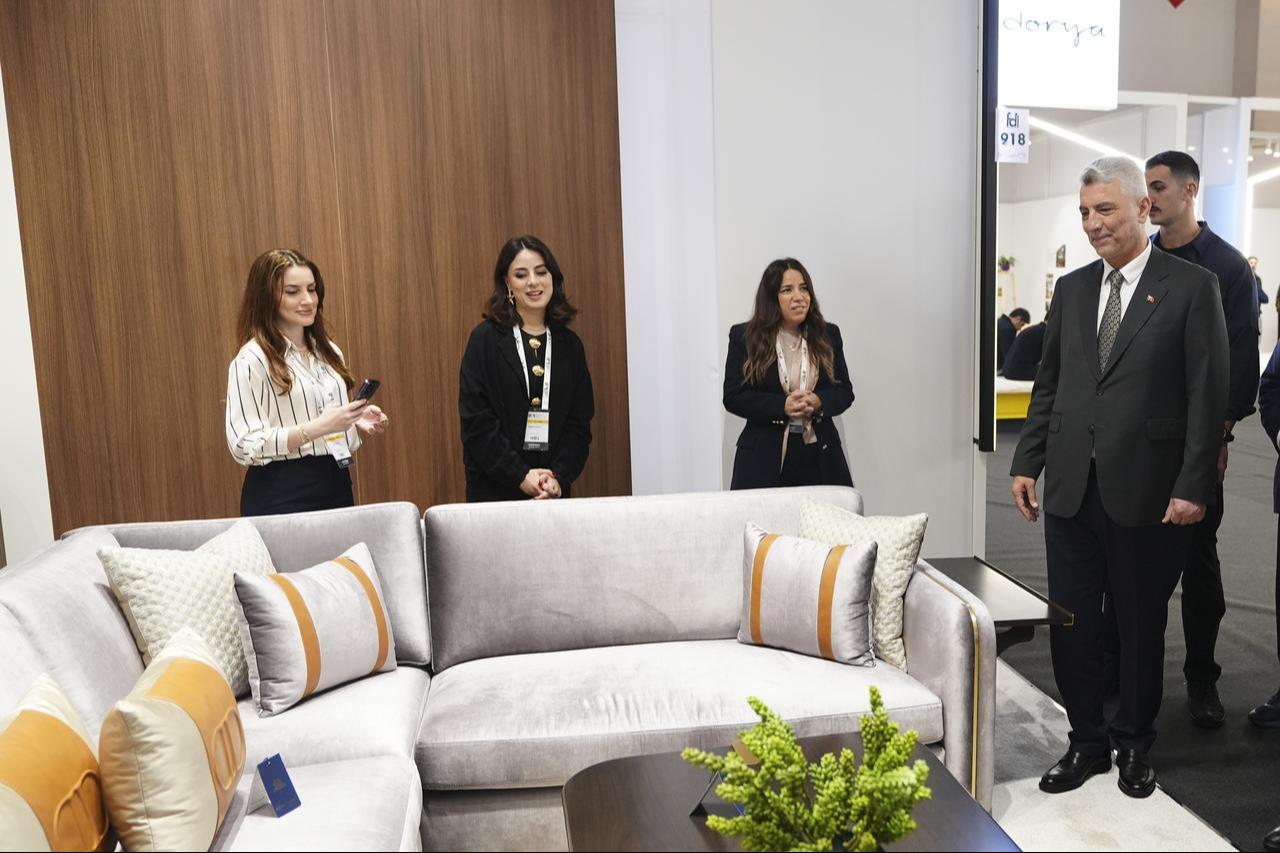 Trade Minister Omer Bolat (R) visits the "Istanbul Furniture Design Fair - Furnishings and Design Istanbul" at the Istanbul Fair Center, Sept. 26, 2025. (AA Photo)