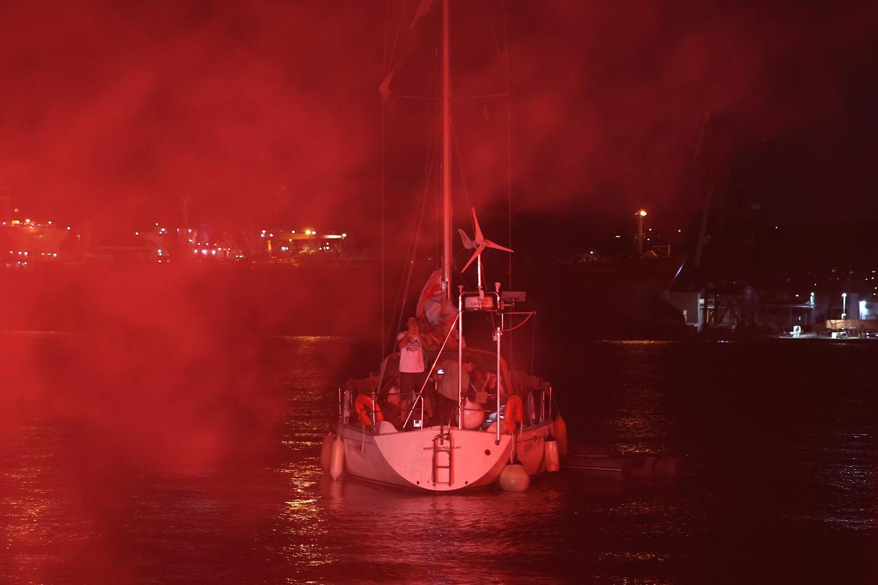 Boats set sail from ports on Syros Island, Greece, to join the Global Sumud Flotilla heading toward Gaza in an effort to break the blockade and show solidarity with the Palestinian people, Sept. 14, 2025.  (AA Photo)
