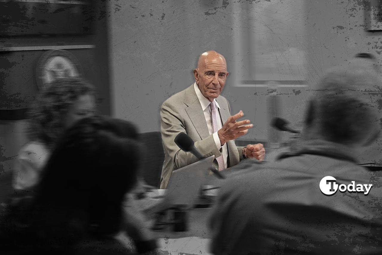 U.S. Ambassador to Türkiye and  Special Representative for Syria Tom Barrack speaks at an event. (Collage prepared by Türkiye Today)