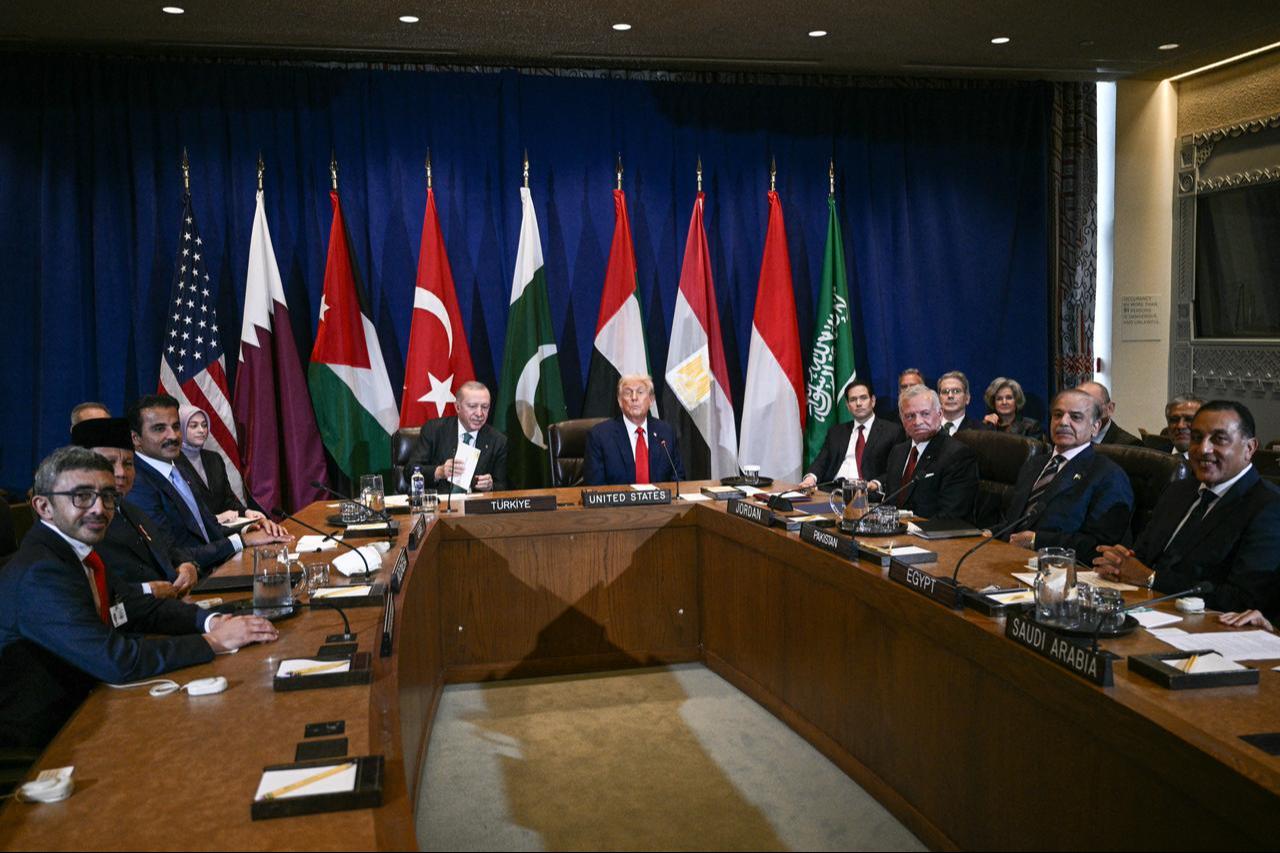 Leaders from various nations seated at main table attend a multilateral meeting to discuss the situation in Gaza, on the sidelines of UNGA in New York City on Sept. 23, 2025. (AFP Photo)