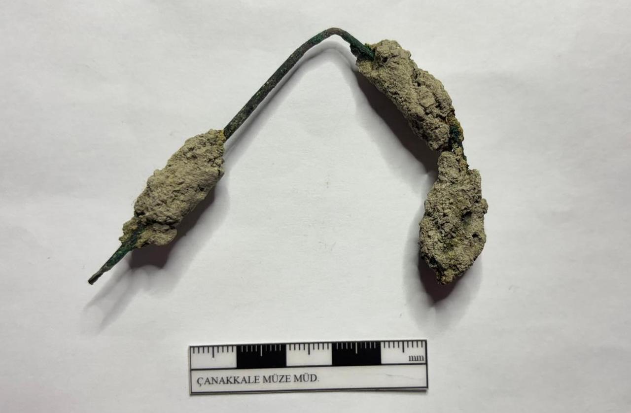 A bronze pin uncovered from the same archaeological layer in Troy, Sept. 27, 2025. (Photo via Ministry of Culture and Tourism)