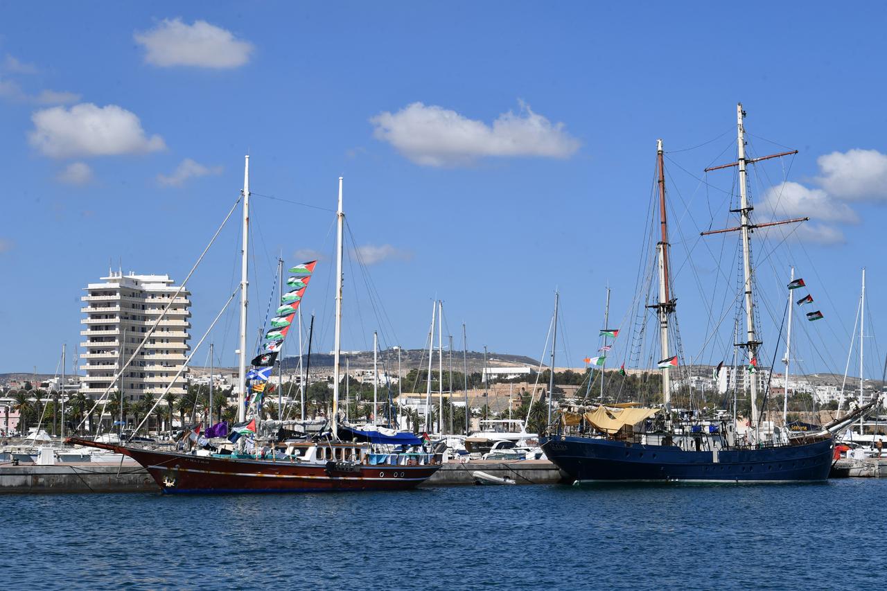 Boats, part of the Global Sumud Flotilla gather at the Tunisian port of Bizerte, ahead of the scheduled departure to the Gaza Strip to break Israels blockade on the Palestinian territory on September 13, 2025. (AFP Photo)