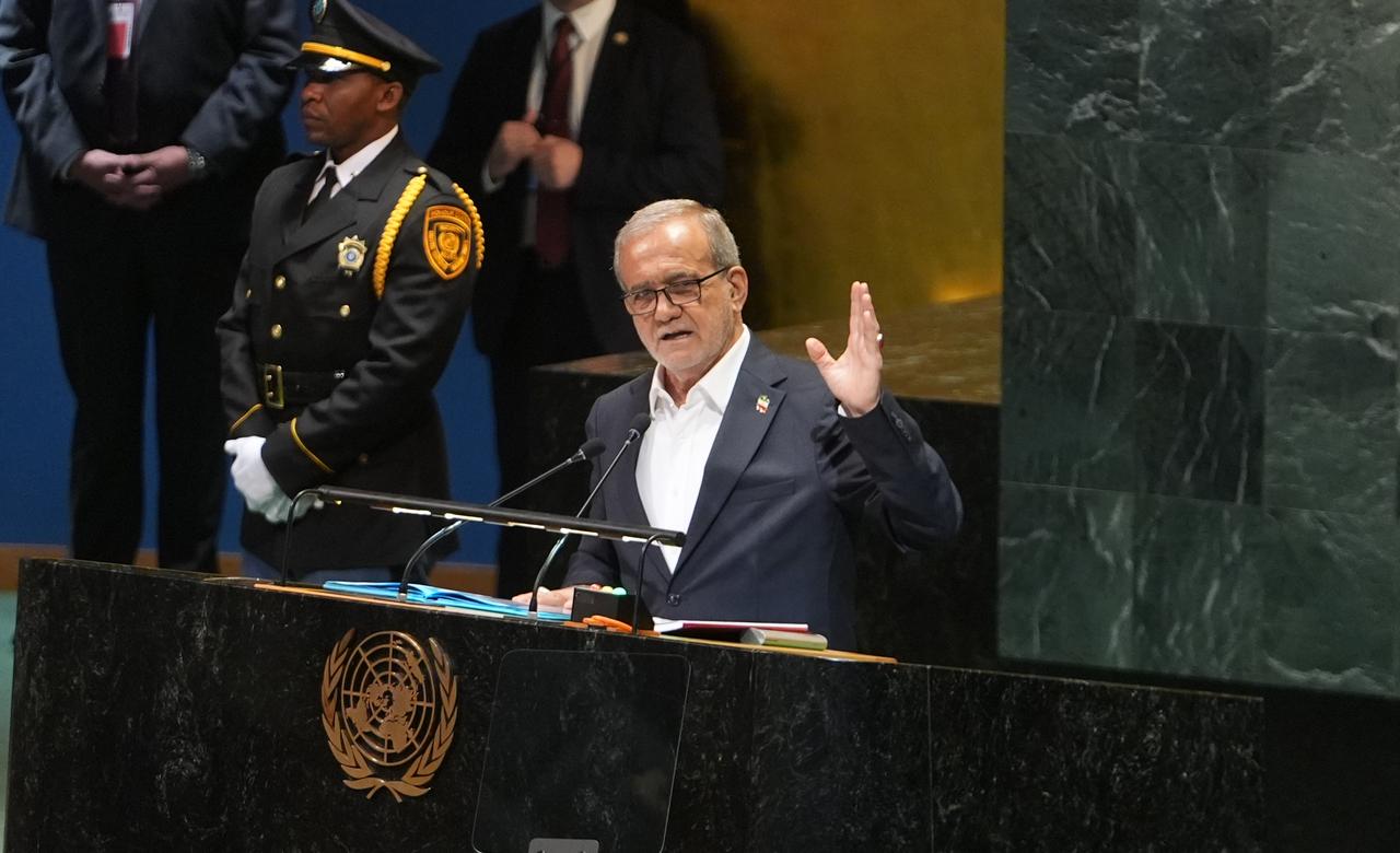 President of Iran, Masoud Pezeshkian, speaks during the 80th session of the United Nations General Assembly in New York, U.S. on Sept. 24, 2025. (AA Photo)