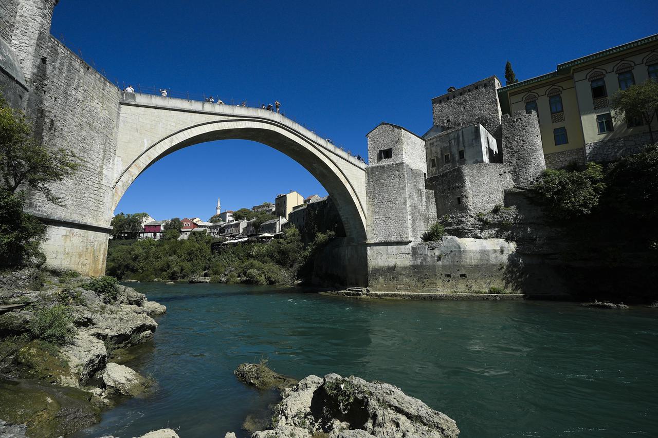 A view of the Mostar Bridge over the Neretva River, uniting both sides of the city and the Bosniaks and Croats for five centuries, preserving Mostar's multi-ethnic structure in Bosnia and Herzegovina on Sept. 26, 2025. (AA Photo)