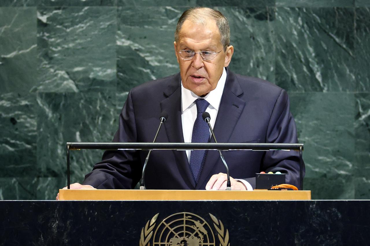 Russian Foreign Minister Sergei Lavrov addresses the United Nations General Assembly at UN headquarters in New York City on Sep. 27, 2025. (AFP Photo)