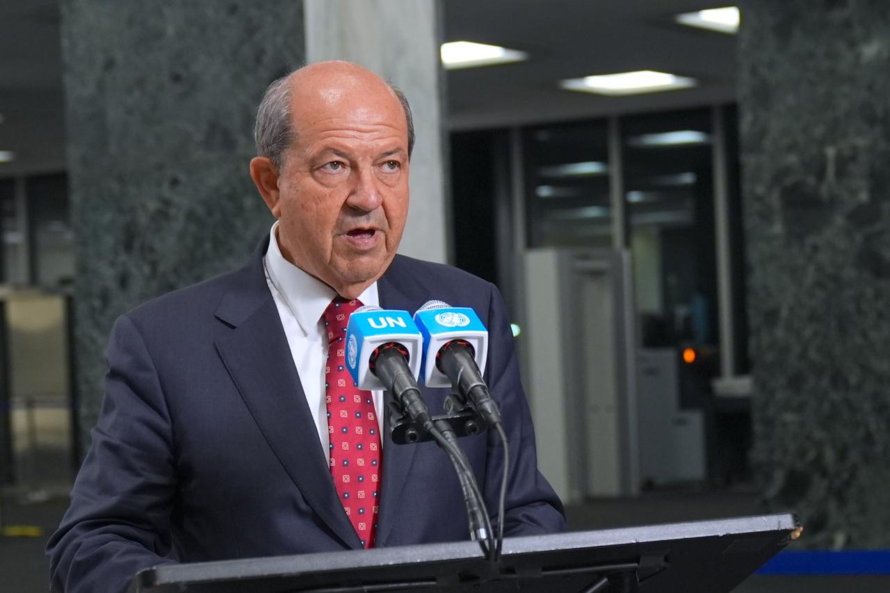 Turkish Cyprus President Ersin Tatar speaking at UN Headquarters following his bilateral meeting with United Nations (UN) Secretary-General Antonio Guterres, Sept. 27, 2025. (AA Photo)