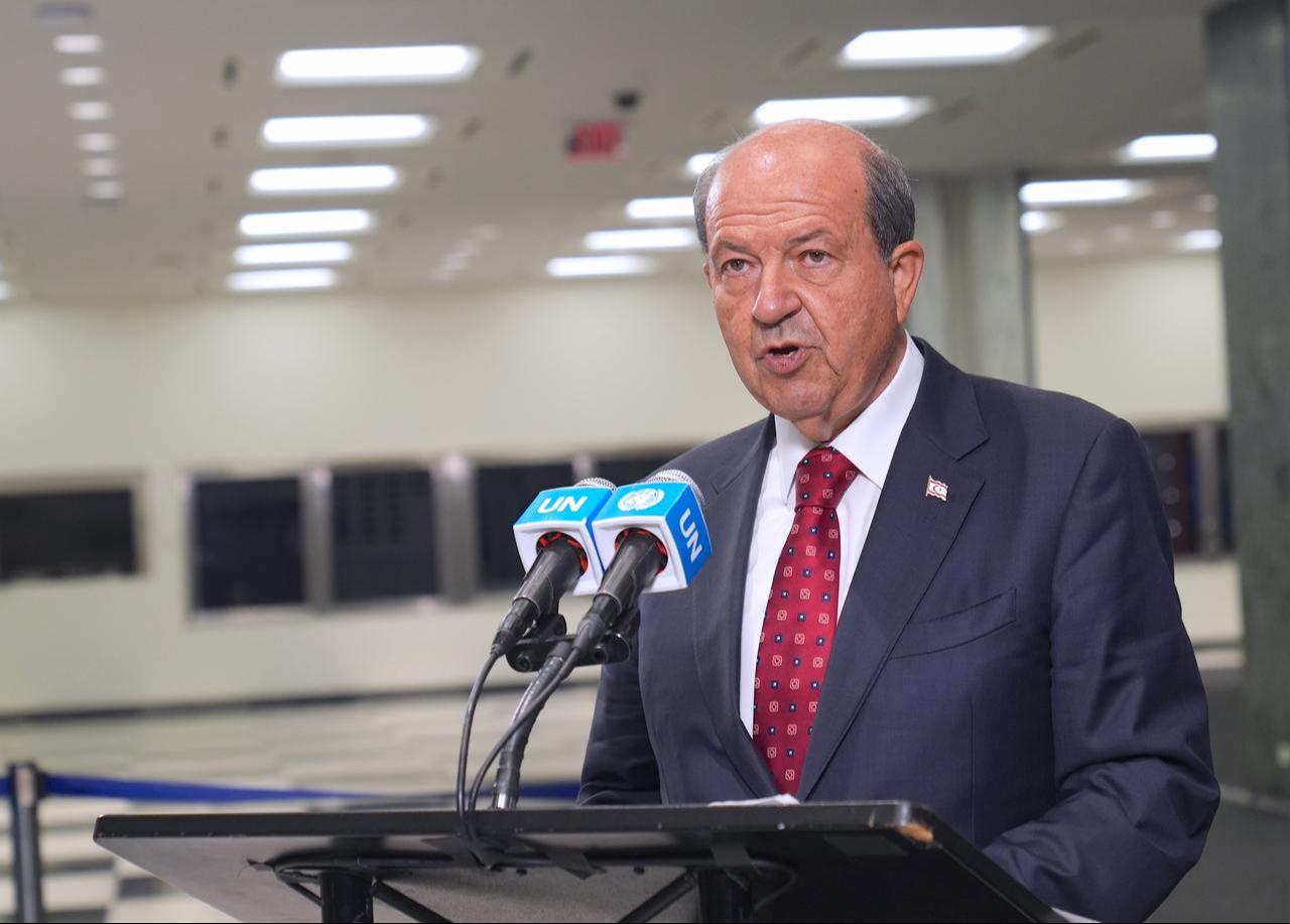 Turkish Cyprus President Ersin Tatar speaking at UN Headquarters following his bilateral meeting with United Nations (UN) Secretary-General Antonio Guterres, Sept. 27, 2025. (AA Photo)