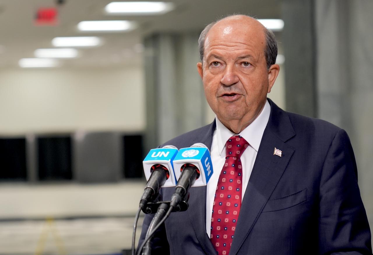 Turkish Cyprus President Ersin Tatar speaking at UN Headquarters following his bilateral meeting with United Nations (UN) Secretary-General Antonio Guterres, Sept. 27, 2025. (AA Photo)