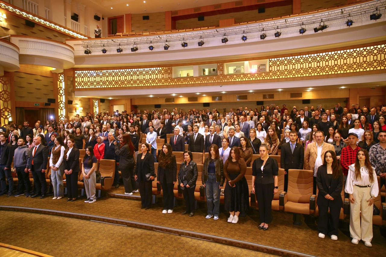 Guests stand for a moment of silence at the Nizami Cinema Center during the opening of Turkish Film Days. Sept. 26, 2025, Baku, Azerbaijan. (AA Photo)