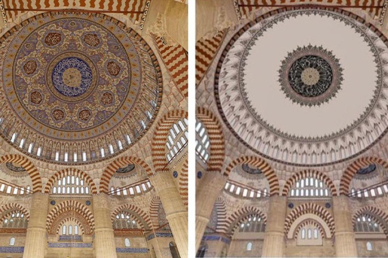 Planned restoration design of Selimiye Mosque dome shown on the right (comparison with current state on the left).  (Photos via T24)