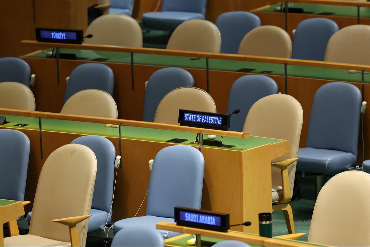 Palestine's seat is empty as Israeli PM Benjamin Netanyahu speaks at General Debate of United Nations General Assembly in New York City, Sept. 26, 2025. (AFP Photo)