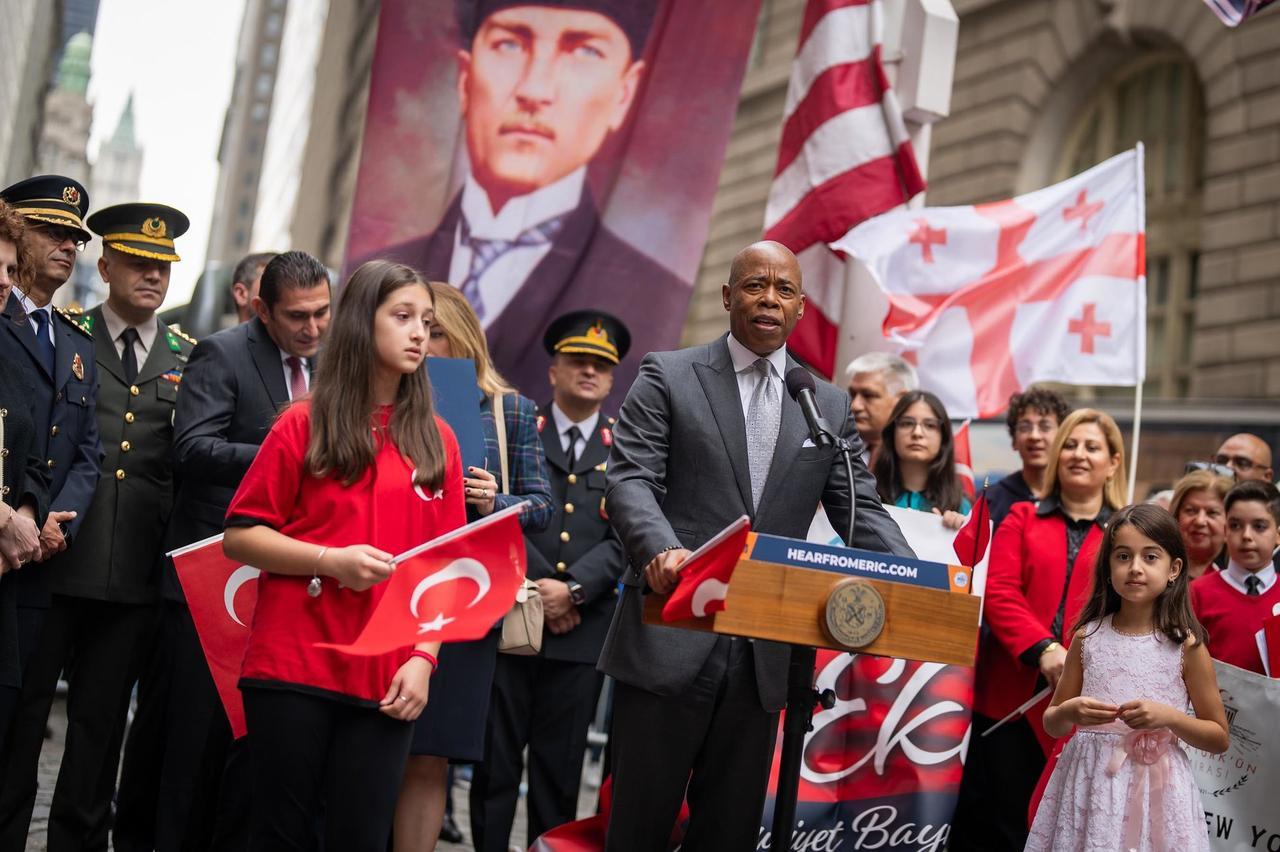 NYC Mayor Eric Adams delivers remarks at a flag-raising ceremony for Türkiye in New York City, United States on Oct. 27, 2023. (NYC Mayoral Photography Office)