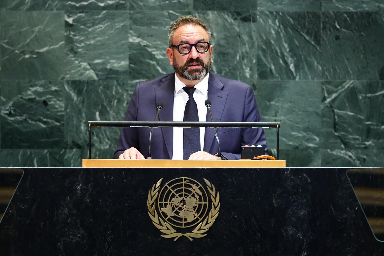 San Marinos Foreign and Political Affairs Minister Luca Beccari addresses the United Nations General Assembly at UN headquarters in New York City on Sep. 27, 2025.  (AFP Photo)