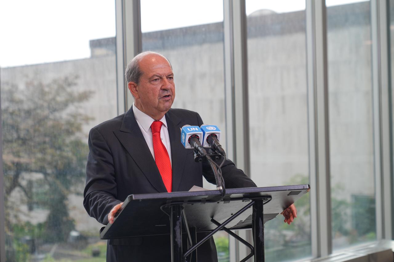 The President of the Turkish Republic of Northern Cyprus (TRNC) Ersin Tatar makes evaluations on his trilateral meeting with U.N. Secretary-General Antonio Guterres and Greek Cypriot leader Nikos Christodoulides at the U.N. Headquarters in New York, United States on Sept. 27, 2025. (AA Photo)