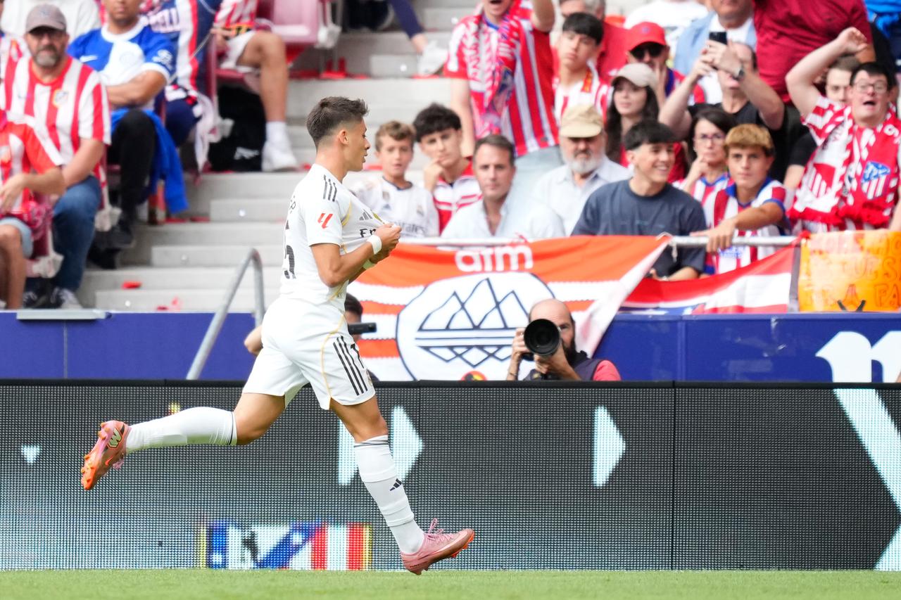 Real Madrid’s Arda Guler celebrates after scoring his team’s second goal during the LaLiga match against Atletico at Riyadh Air Metropolitano in Madrid, Spain, September 27, 2025. (AA Photo)