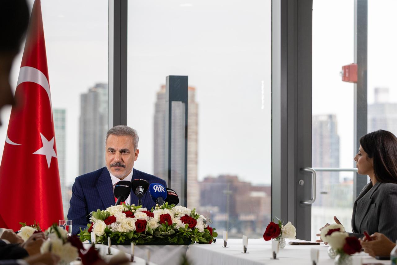 Foreign Minister Hakan Fidan makes statements as he meets with the members of the Turkish journalists at Turkevi Center as part of the 80th United Nations General Assembly (UNGA) in New York, United States on Sep. 27, 2025. (AA Photo)