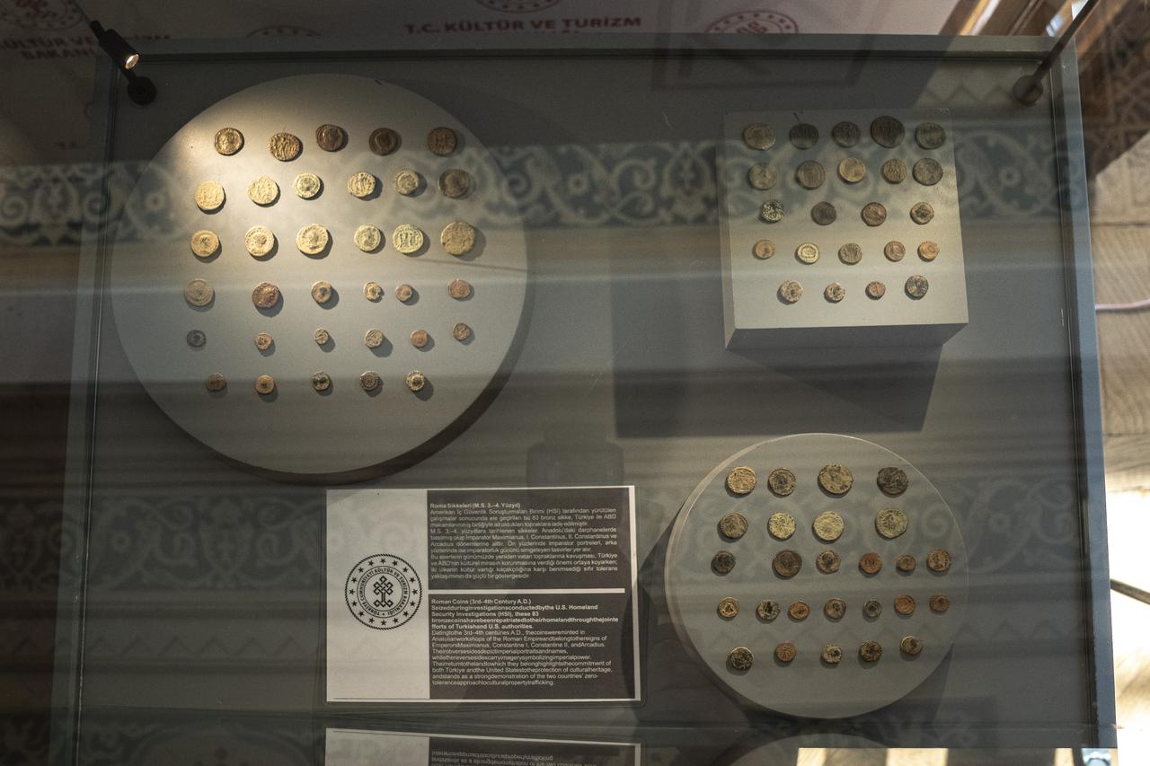 With the cooperation of the Ministry of Culture and Tourism’s General Directorate of Cultural Heritage and Museums and U.S. Homeland Security Investigations (HSI), 83 Roman-era coins originating from Türkiye are returned from the United States to Türkiye in a handover ceremony at the Ankara Republic Museum, accessed on Sept. 28, 2025. (AA Photo)