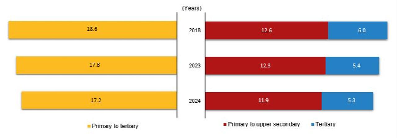 Grafik, Türkiye'nin 2018-2024 yılları arasında birincilden üçüncül seviyelere kadar beklenen yıl boyunca beklenen yılları gösteriyor. (Türkstat üzerinden grafik)