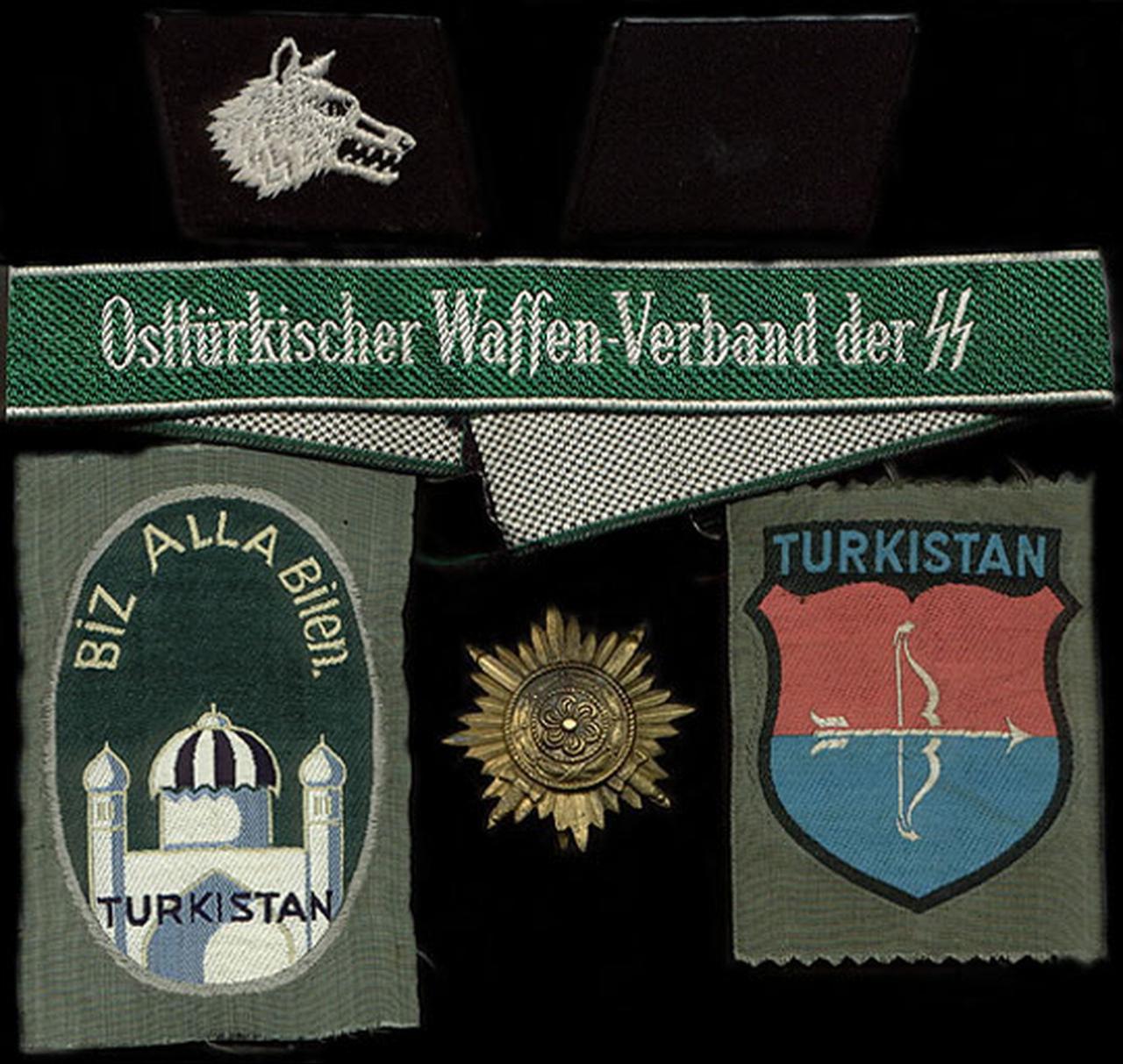 Uniform insignia and emblems of the Turkistan Legion, including the “Ostturkischer Waffen-Verband der SS.” (Photo via German Federal Archives)