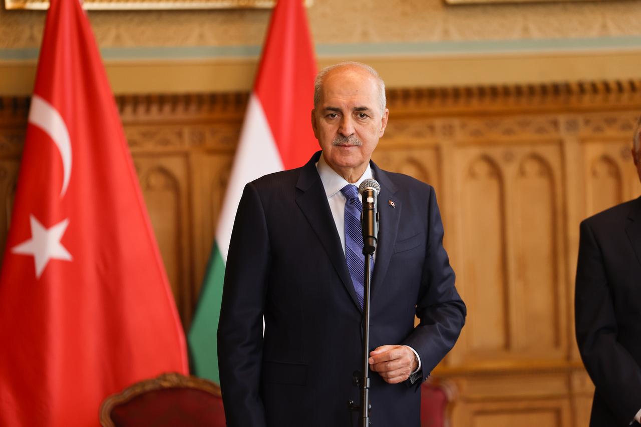 Turkish Parliament Speaker Numan Kurtulmus, speaking along with Hungarian National Assembly Speaker Laszlo Kover in Hungary, Sept. 29, 2025. (AA Photo)