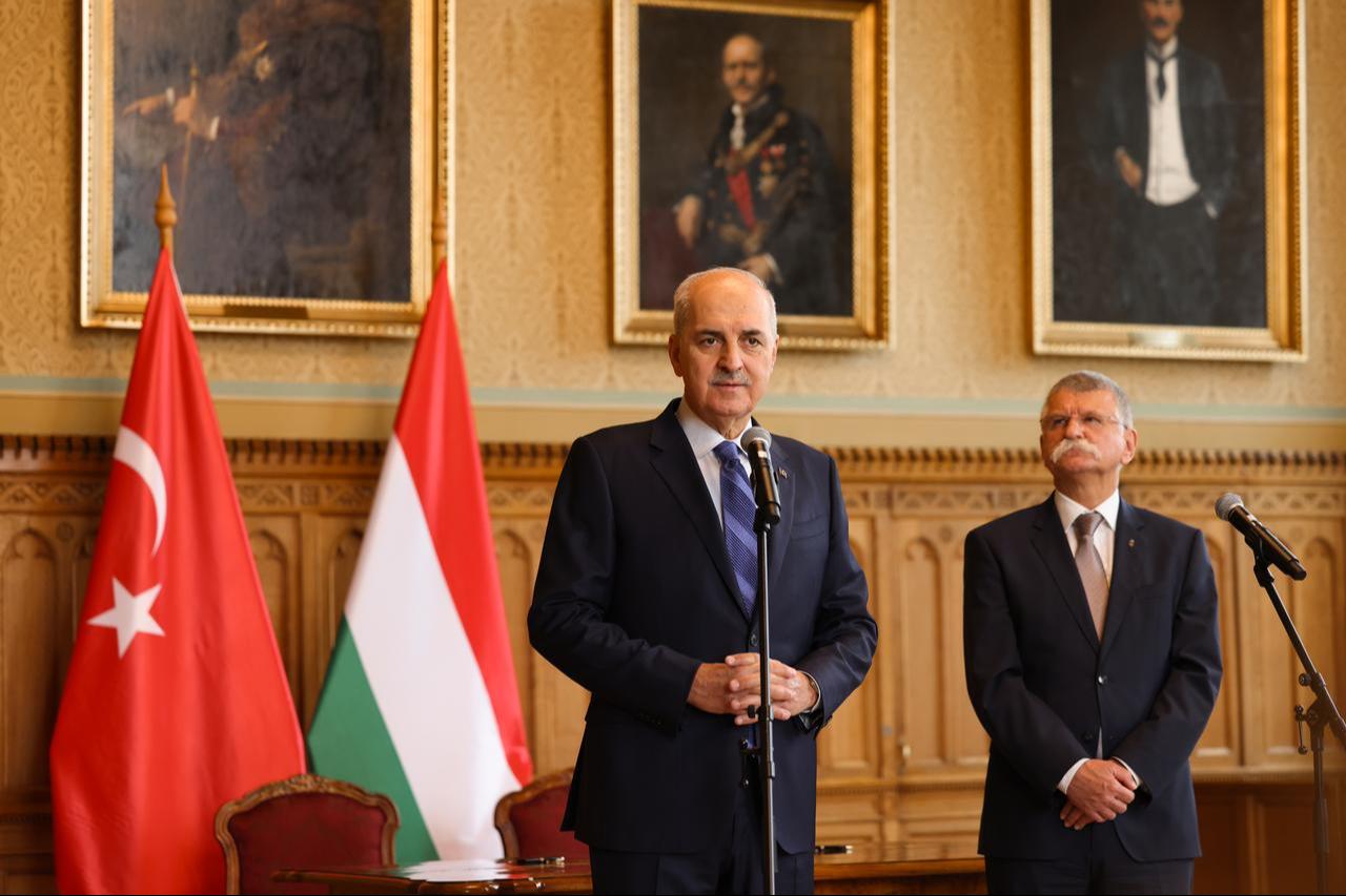 Turkish Parliament Speaker Numan Kurtulmus, speaking along with Hungarian National Assembly Speaker Laszlo Kover in Hungary, Sept. 29, 2025. (AA Photo)