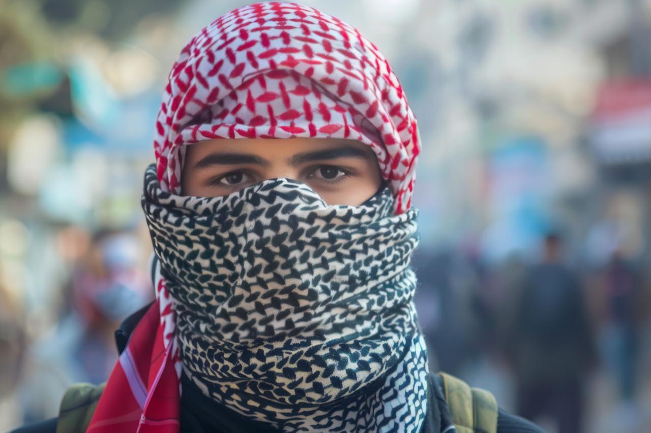 Masked protester during Gaza ceasefire demonstration in U.S wearing kufiya and mask in street protest supporting Palestine (Adobe stock photo )