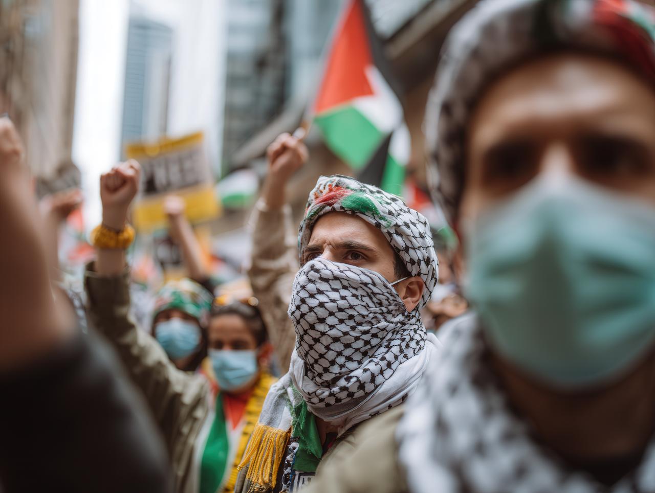 Masked protester during Gaza ceasefire demonstration in U.S. wearing kufiya and mask in street protest supporting Palestine (Adobe stock photo )