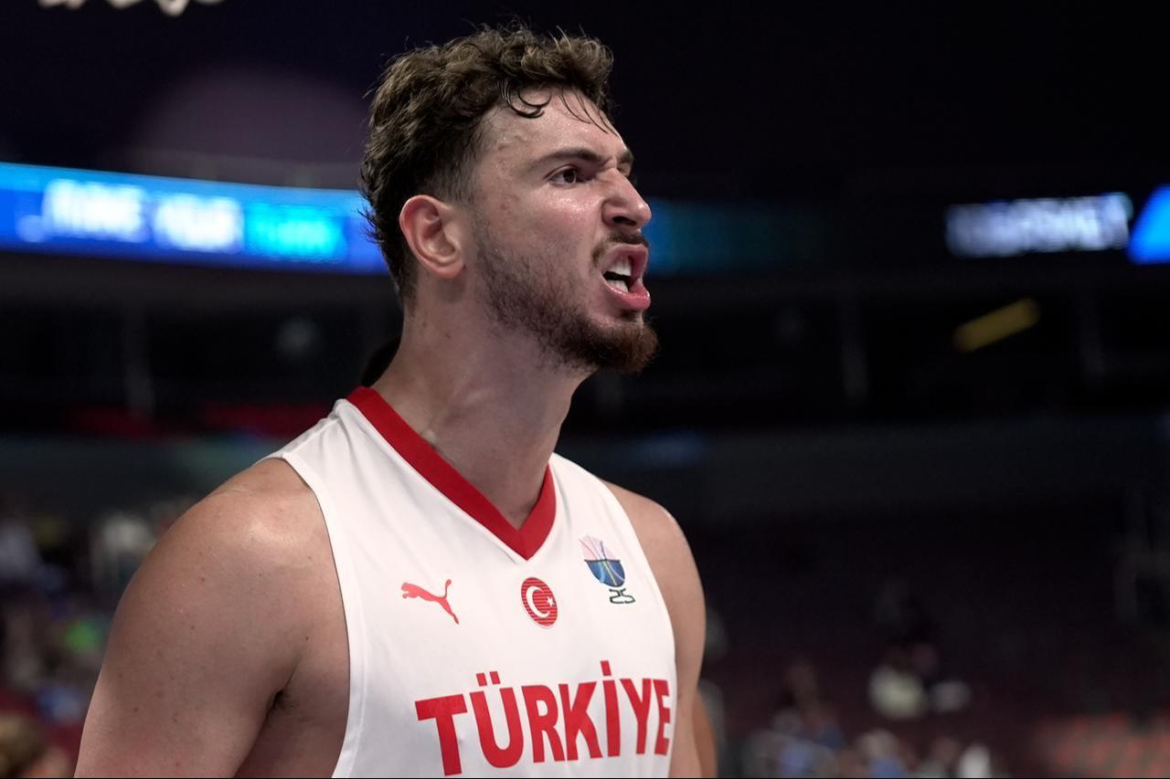Alperen Sengun of Türkiye celebrates during the FIBA EuroBasket 2025 Group A basketball match between Türkiye and Portugal in Riga, Latvia, August 30, 2025. (AA Photo)