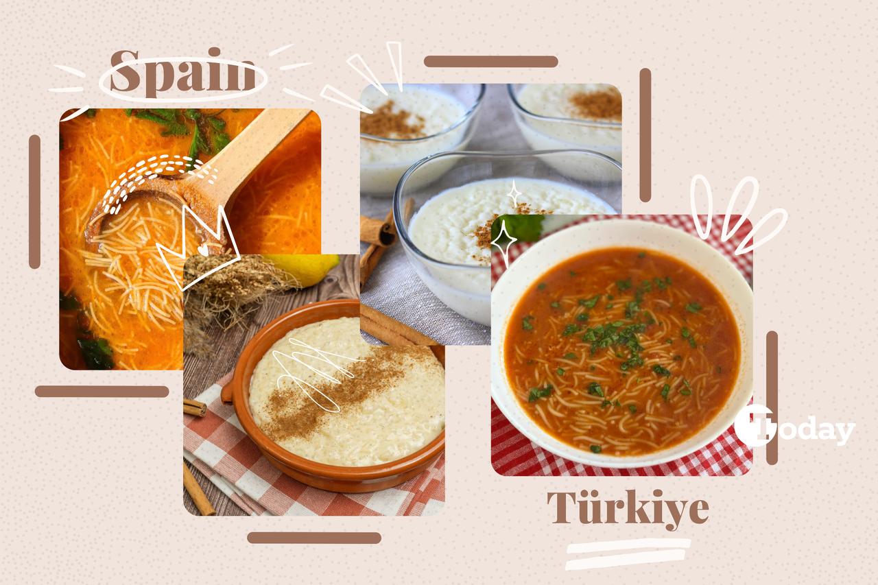 Spanish sopa de fideos and arroz con leche (left) compared with Türkiye’s sehriye corbasi and sutlac (right). (Photo collage by Türkiye Today team)