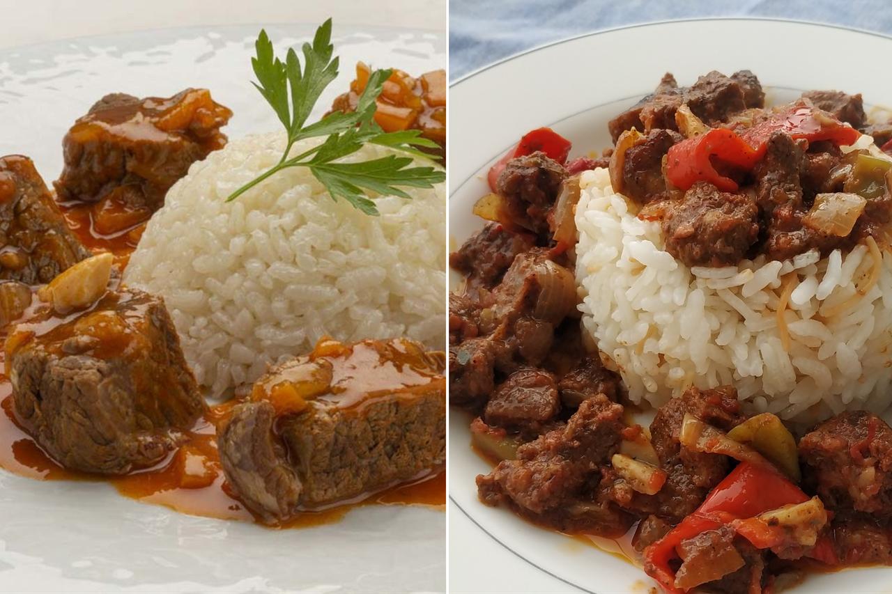 Spanish carne con arroz (left) and Türkiye’s et sote ve pilav (right) both pair tender meat with rice for a hearty meal. (Photo collage by Türkiye Today team)