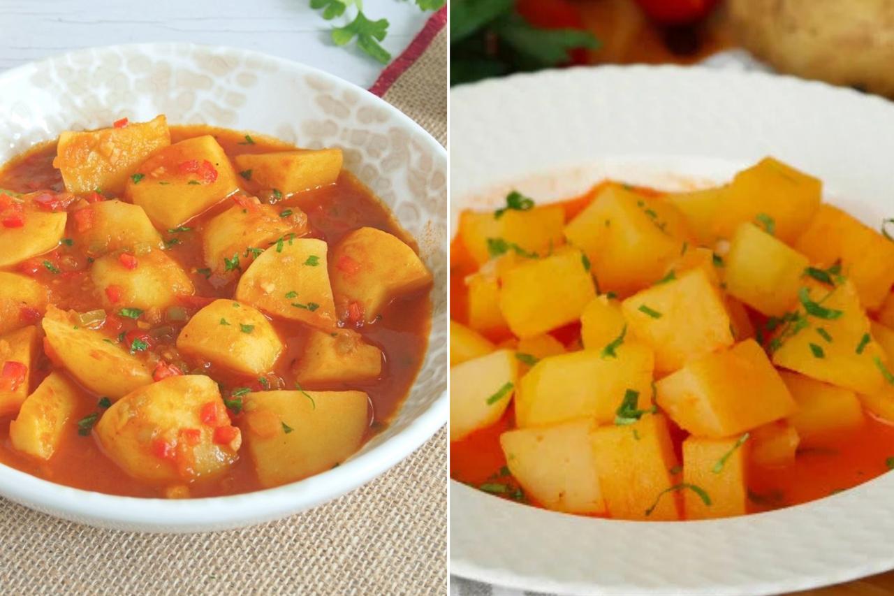 Spanish patatas guisadas (left) and Türkiye’s patates yemegi (right) both feature potatoes stewed in a savory sauce. (Photo collage by Türkiye Today team)