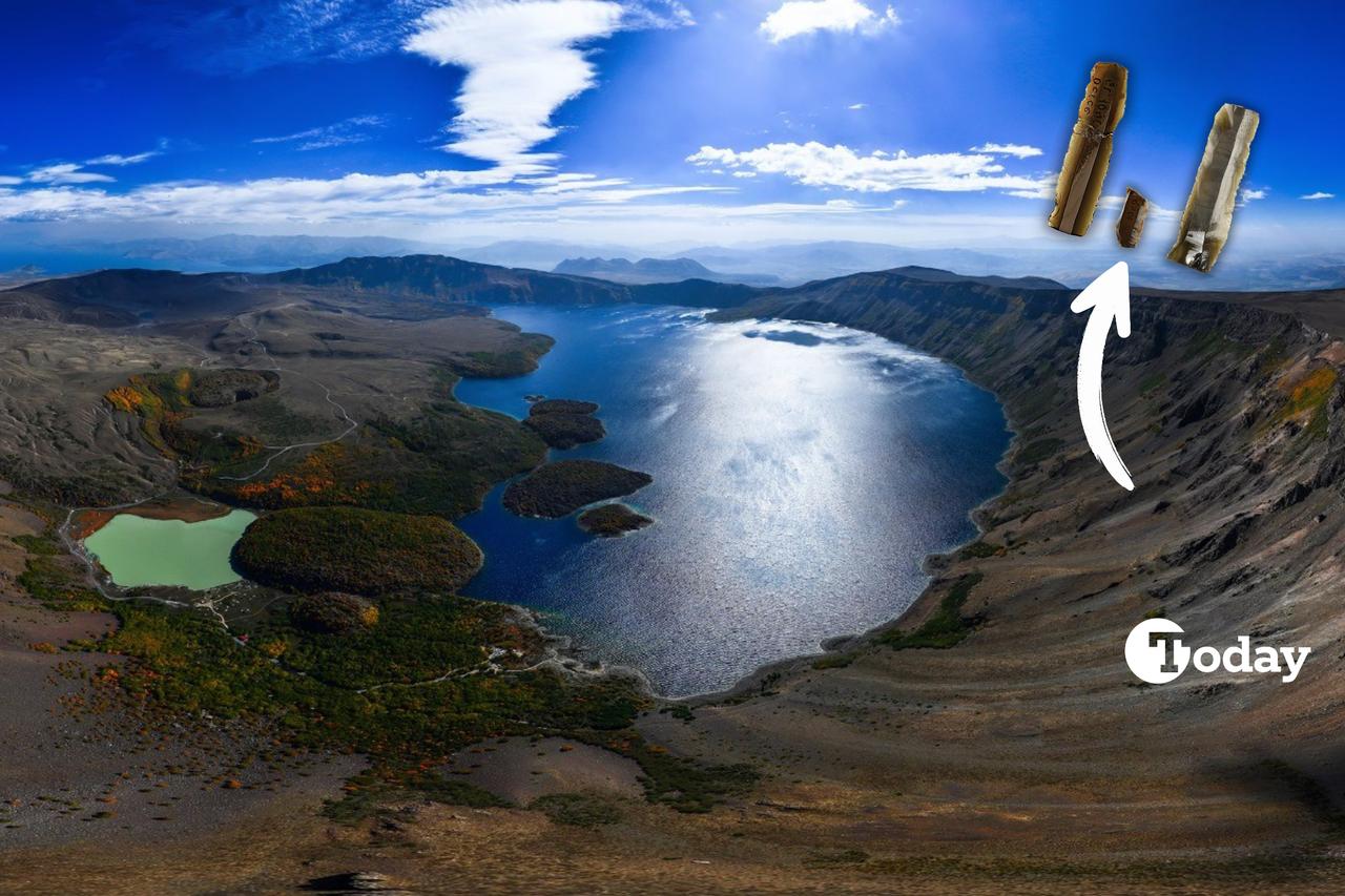Photo collage showing Nemrut Caldera in Tatvan district of Bitlis, Türkiye, with obsidian blades traced to this volcanic source. (Photo collage by Türkiye Today team)