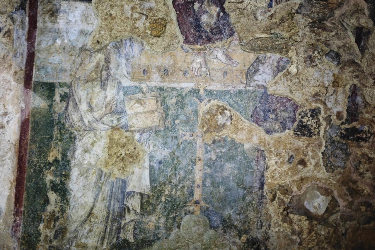 Depiction of Saint Paul holding a book with a Psalm inscription, identified in the Baptism Cave of Syedra ancient city in Alanya, Antalya, Türkiye, Sept. 29, 2025. (Photo via Instagram/@arkeolojihaber)