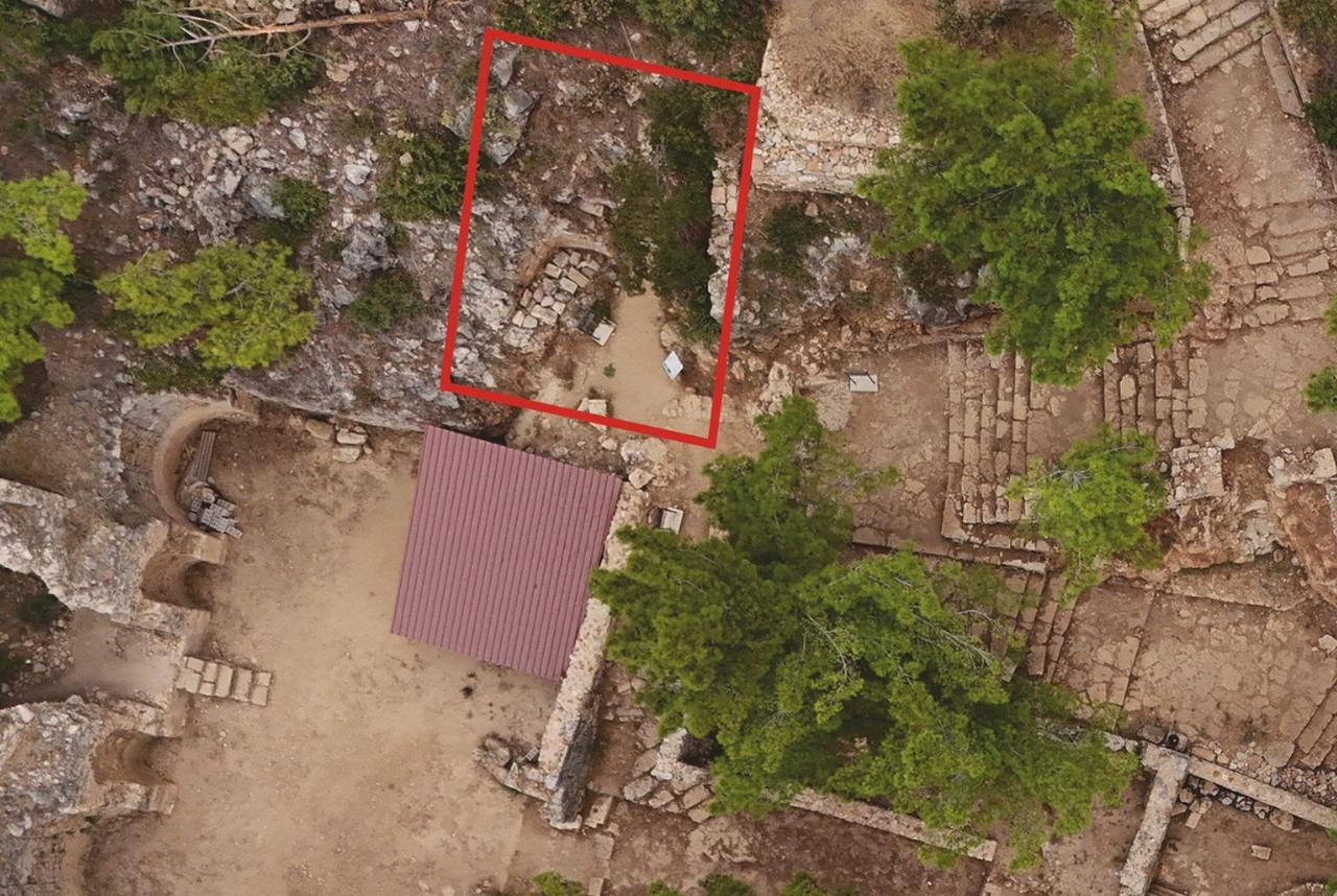 Aerial view of Syedra ancient city in Alanya, Antalya, Türkiye, with the Baptism Cave area marked in red, Sept. 29, 2025. (Photo via Instagram/@arkeolojihaber)