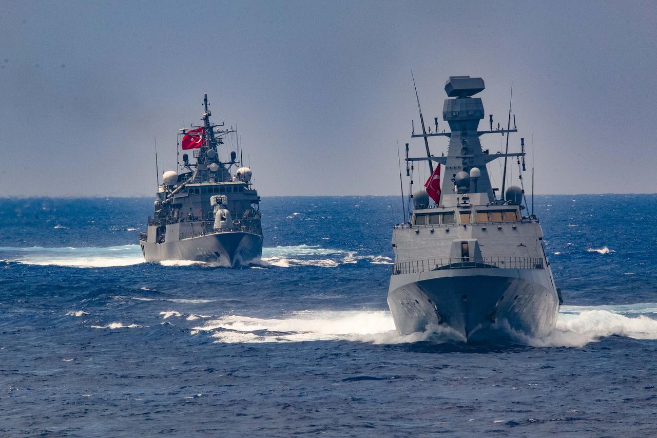 TCG Barbaros (FF 244) and Burgazada (F 513) in the Mediterranean Sea, Aug 26, 2020. (U.S. Navy photo by Mass Communication Specialist 3rd Class Louis Thompson Staats IV)