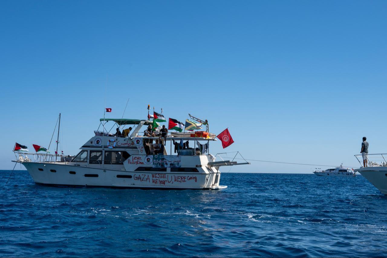 Members of the group of ships of the Global Sumud Flotilla to Gaza are seen moored at the small island of Koufonisi, south of the island of Crete, on September 26, 2025. (AFP Photo)