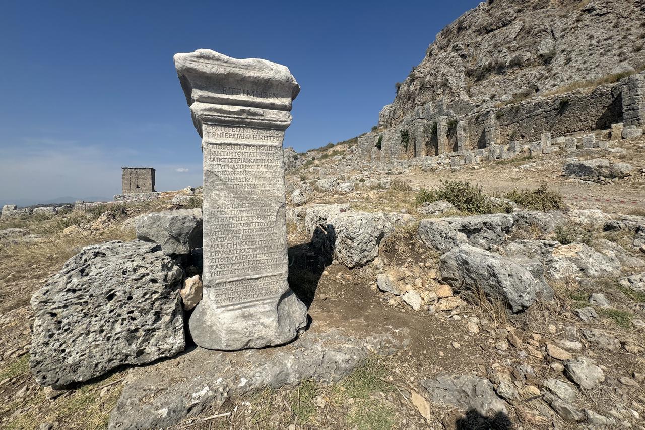 A view of the tomb of Menodora, who is mentioned in various sources as having financed the construction of many buildings in the city during the Roman period and established a foundation for children, unearthed at ancient city of Sillyon located in Antalyas Serik district in Türkiye, Sept. 26, 2025. (AA Photo)