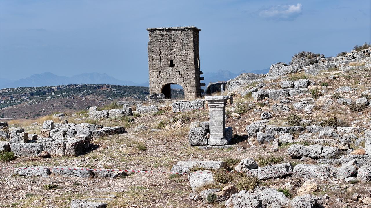 A view of the tomb of Menodora, who is mentioned in various sources as having financed the construction of many buildings in the city during the Roman period and established a foundation for children, unearthed at ancient city of Sillyon located in Antalya's Serik district in Türkiye, Sept. 26, 2025. (AA Photo)