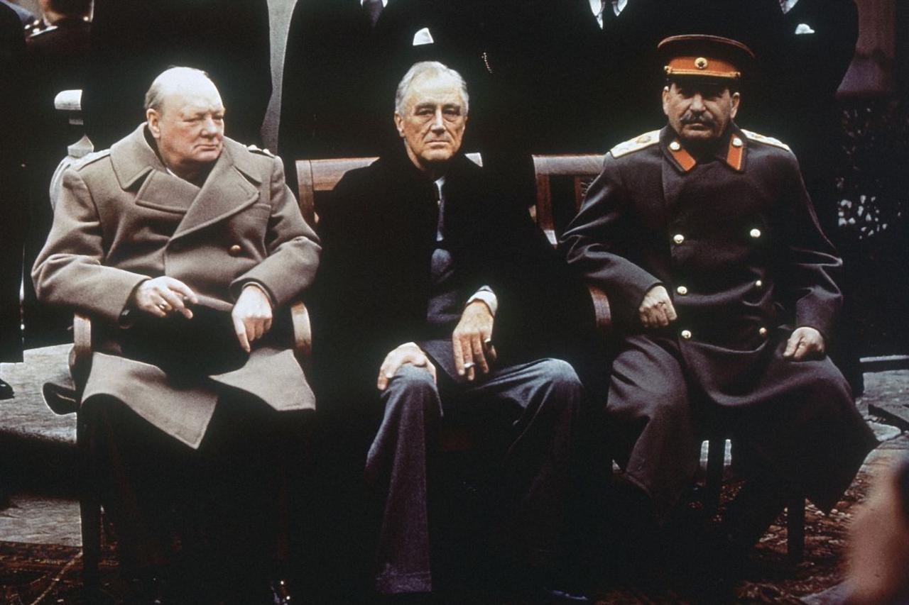 The Crimean resort town of Yalta was the setting for a historic meeting of British, US, and Soviet leaders -- Winston Churchill, Franklin D. Roosevelt, and Joseph Stalin -- in February 1945. (Archival photo)