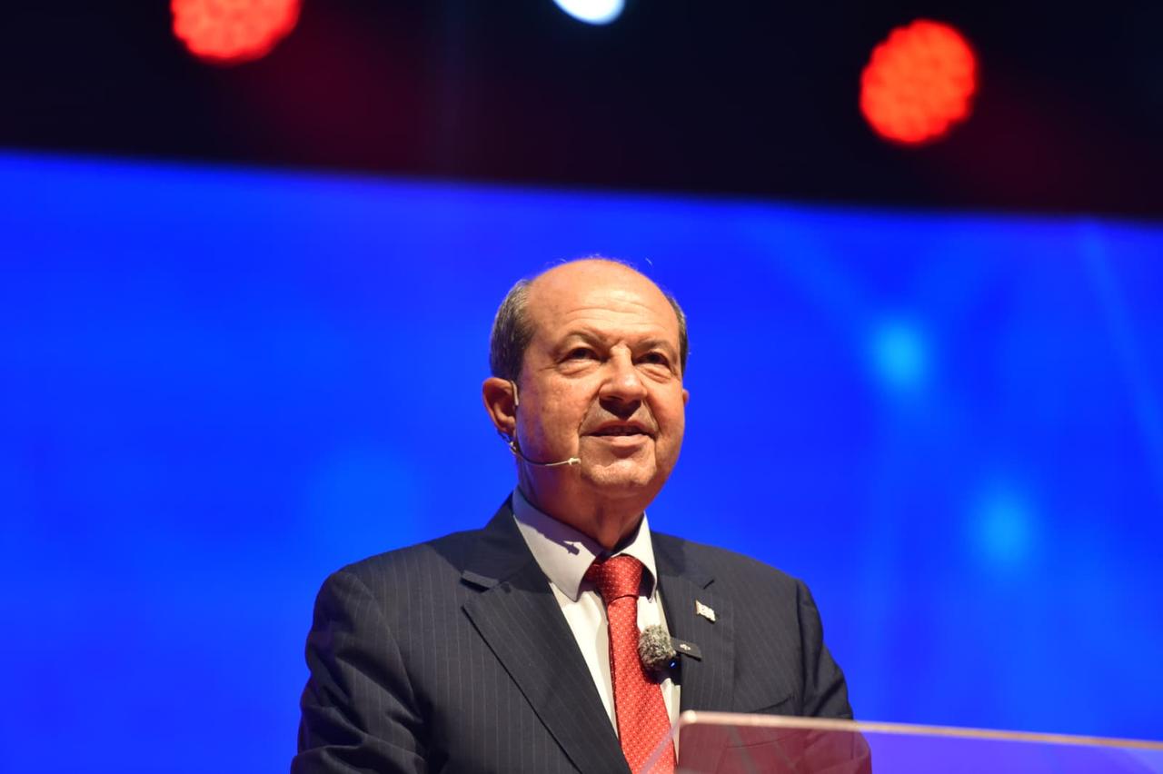 The President of the Turkish Republic of Northern Cyprus (TRNC), Ersin Tatar, at the Ataturk Sports Hall in Lefkosia,  TRNC, on September 23, 2025. (AA Photo)